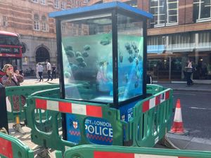 Supporting image for story: Banksy artwork showing piranhas in a police box moved to keep it safe