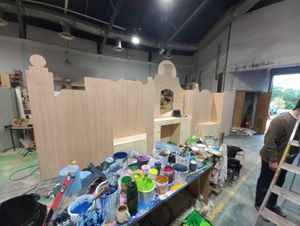 Newly released images from Wise Owl Theatre’s workshop show a flurry of activity with the creation of wooden backdrops for the set. Photo: Wise Owl/SVR