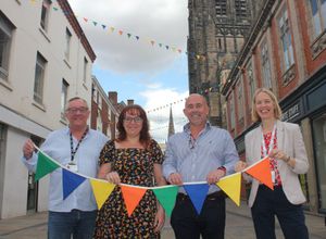 Pictured with the bunting are (from left) Lichfield District Town Centres Manager Ian Gardner; Dagmar, owner of The Fabric Vault; Councillor Richard Holland, Lichfield District Council’s Cabinet Member for High Street and Economic Development and Caroline King, Lichfield Festival’s Head of Partnerships & Giving.

