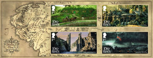 A miniature sheet that celebrates the 25th anniversary of The Lord of the Rings: The Fellowship of the Ring and features locations from the film trilogy. 