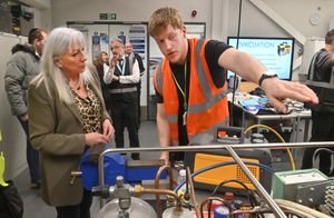 Goverment Minister for energy, affordability and skills Amanda Solloway with student Darwin Sillito, aged 19