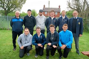 So close to the Midland Alliance final – Shropshire B, back row from the left: Mark Thomas (selector), Dave Lloyd, Stuart Clee, Jack Hewitt, Chris Stretch, Mike Caddick (county president). FrontL Ash Wellings, Ben Talbot, Adam Dovey, Josh Bradburn.