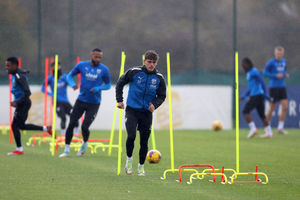 Tom Fellows battling the heavy rain at Albion's training ground on Thursday (Photo by Adam Fradgley/West Bromwich Albion FC via Getty Images).