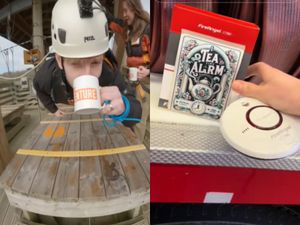 Composite image of a man in a zipline harness drinking tea (left) and a box of a joke tea alarm made popular by a TikTok trend