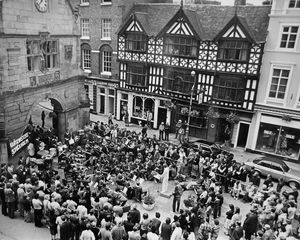 The Blasmasters Band from Stockholm plays in The Square, Shrewsbury, in a lunchtime recital on July 14, 1980. 
