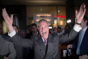 Victory at last... UKIP leader Nigel Farage celebrates the 2016 referendum result.