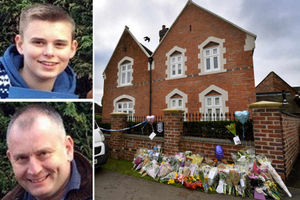 Main, flowers have been left outside the family home in memory of Pierce Wilkinson (pictured, left top) and Tracey Wilkinson as Peter Wilkinson (pictured, left bottom) remains in hospital