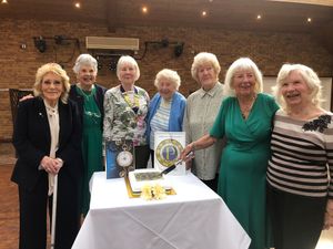 Cannock & District Ladies Probus Club 32nd Birthday Cake Ceremoniously Cut by Founding Chairman Del Johnson 