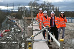 Sophie Allison, managing director of West Midlands Metro, right, with Tom Maplethorpe from the Midland Metro Alliance, left, West Midlands Mayor Andy Street, and Councillor Peter Hughes