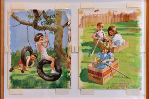 SHREW COPYRIGHT SHROPSHIRE STAR STEVE LEATH 10/03/2022..Pic in Shrewsbury Museum and Art Gallery of Helen Day, and an exhibition she has put together to celebrate the Ladybird Book Series. She lives in Hertfordshire but used to live in Finchfield, Wolverhampton. Work by Harry Wingfield (Harry lived a lot of his life in Walsall)..