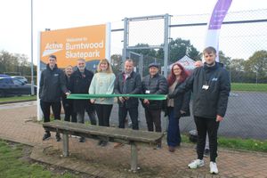 Councillor Andy Smith Lichfield District Council’s Deputy Leader and Cabinet Member for Leisure and Major Projects and Cllr Laura Ennis, Chair of Burntwood Town Council jointly cut the ribbon to officially open Burntwood Skatepark.