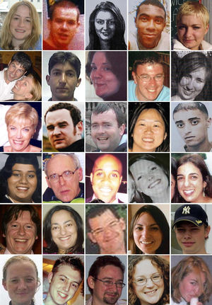 Some of the victims of the London terrorist attacks on 7 July 2005. Top row from left, victims of the Russell Square bomb: Helen Jones, 28; Ciaran Cassidy, 22; Gamze Gunoral, 24; Christian Small; Karolina Gluck. Second row from left, victims of the Russell Square bomb: Couple Lee Harris, 30, and Samatha Badham, 36; Atique Sharifi, 24; Elizabeth Daplyn, 20; Adrian Johnson, 37; Monika Suchocka, 23. Third row from left, victims of the Russell Square bomb: Susan Levy, 53; James Mayes, 28; James Adams; Rachelle Yuen; Ihab Slimane,19. Fourth row from left, victims of the Tavistock Square bomb: Shyanuja Parathasangary; Giles Hart; Anthony Fatayi-Williams; Marie Hartley; Miriam Hyman. Fifth row from left: victims of the Tavistock Square bomb Jamie Gordon and Neetu Jain; victims of the Aldgate bomb Richard Gray, Benedetta Ciaccia and Richard Ellery. Bottom row from left: Aldgate bomb victim Fiona Stevenson; Edgware Road bomb victims David Foulkes, Jonathan Downey, Laura Webb and Jennifer Nicholson.
