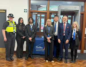 Learners at St James Academy pictured with Jo Higgins, CEO of Dudley Academies Trust, Inspector Sarah Long of West Midlands Police Dudley Partnership Team and Ian Moore, Principal at St James Academy. 