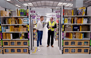 Mark Andrews chats to site leader Gary Norton at the giant Amazon warehouse
