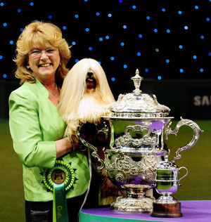 Elizabeth, a Lhasa Apso, winner of the Best in Show title, with owner Margaret Anderson, at Crufts 2012