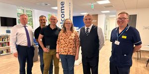 Left to right: Mike Hammond (UHB Charity), Phill Upton (BBC), Simon Evans (West Midlands News), Michelle (Plasma Recipient), Paul Cadman (One Thousand Trades Group), Mark (NHS Blood and Transplant)