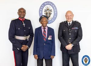 Prince Albert Jacob (centre) met the Lord Lieutenant of the West Midlands, Derrick Anderson CBE (left) and Chief Constable Craig Guildford (right)