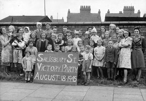 This event was in Darlaston – the sign says: 'Salisbury Street Victory Party, August 18, 1945.' Behind the 'B' is Horace Shakespeare, aged seven, who originally loaned this photo (and was later known as Rick Shakespeare).