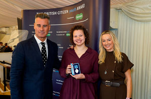 Presenter Tim Vincent (left) with British Youth Citizen Award recipient Keira Mayhew and Laurna Woods CEO at Tigerbond