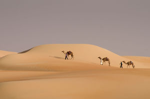 Mark Evans, front, passing through the sand dunes just inside Saudi Arabia
