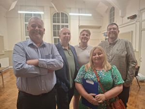Conservative candidate Paul Savage is pictured, left, with party colleagues at the Ketley Parish Council by-election count. The by-election was held following the resignation of a councillor. The count was held at Ketley Community Centre on Thursday,