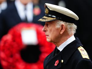 The King during the Remembrance Sunday service at the Cenotaph in London