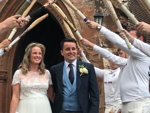 Supporting image for story: Howzat for a surprise as cricketers form guard of honour for wedding couple