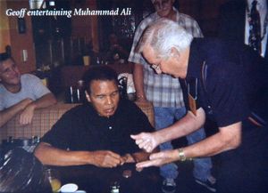 Geoff Rushworth, 91, pictured here entertaining Muhammed Ali in 2005 in Kentucky
