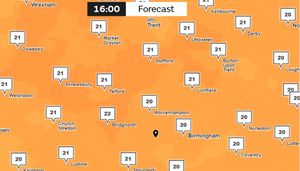 Met Office West Midlands weather map Sunday May 18 16:00.