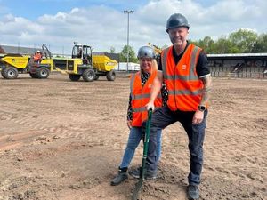 Hednesford owners Craig and Amanda Gwilt breaking ground at Keys Park. The Pitmen's new pitch will feature the same technology as Everton's new stadium. 