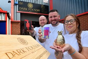 The opening of Dark Foundry No 8's new direct to public shop located next to their production unit in Russell Street. Viki Smith, right, and her partner Paul Briggs, centre, with investor Richard Yates, left.