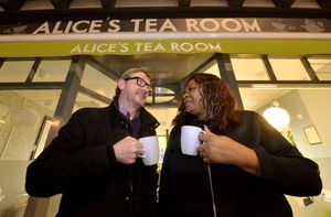 Maria McKellar with Tony Wortley, the proprietor of Alice's tea rooms