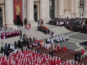 Pallbearers carry the coffin during the funeral of Pope Francis in St Peter’s Square at the Vatican