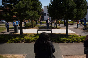 Richard Beeken, chief executive of Walsall Healthcare NHS Trust speaks to staff before laying a stone