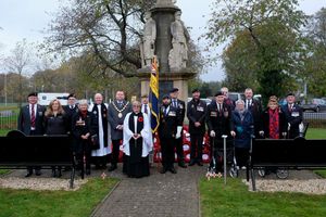 Royal British Legion members, veterans, Builth Wells Mayor Councillor Gwyn Davies and Rev Mark Beaton and Rev Janet Day at Builth Wells memorial. (Image: Andy Compton)