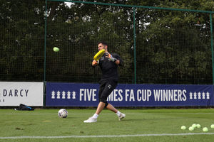 Marcos Abad fires tennis balls at the goalkeeper (Photo by Adam Fradgley/West Bromwich Albion FC via Getty Images).