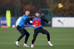 Tom Fellows, right, and fellow academy graduate Caleb Taylor do battle during pre-season in 2023. (Photo by Adam Fradgley/West Bromwich Albion FC via Getty Images).