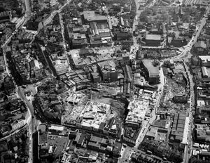 Circa 1968, an aerial view of Wolverhampton, with the Beatties store lower left, and as work on the Mander Centre is under way.