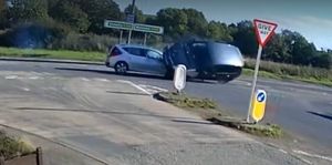A still image taken from the White Lion Pub's CCTV cameras shows just one of the crashes that have happened at the notorious Llynclys crossroads. Picture: The White Lion