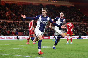 Jayson Molumby of West Bromwich Albion celebrates after scoring a goal to make it 0-1 during the Sky Bet Championship match between Middlesbrough and West Bromwich Albion at Riverside Stadium on February 22, 2022 in Middlesbrough, England. (Photo by Adam Fradgley/West Bromwich Albion FC via Getty Images).