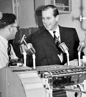1954: Sharing a joke in the Mill Room at the Research Association of the British Rubber Manufacturers at Shawbury.