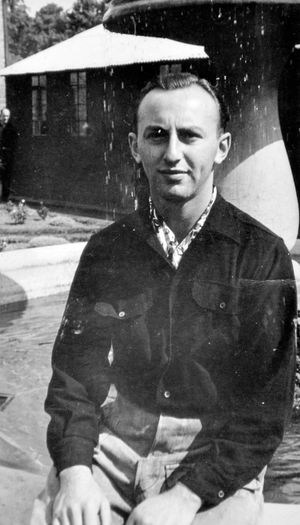 "Rudolph" pictured in 1947 or 1948 by the fountain built by POWs at the Sheriffhales prison camp.