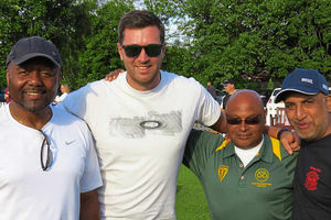 Fordhouses coaches, left to right, Dave Perrin, Chris Guest, Moss Patel and Sunny Shah are all smiles after the cup success.