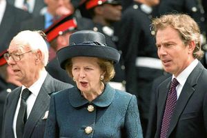 Margaret Thatcher with Tony Blair and husband Denis in 1999