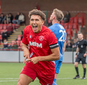 Stafford Town's Matt Hearsey celebrates his FA Vase hat-trick against Nuneaton. Pic: Jim Wall.