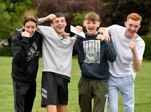 Josh Robinson, George Starrs, Luis Titley and Leo Gough collect their GCSE results at Shrewsbury Academy