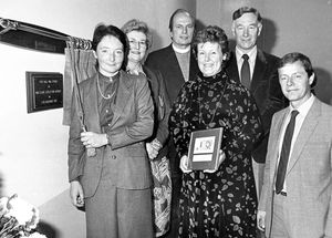Sue Miles, third from right, at the opening of Cosy Hall in Newport on November 3, 1985. 
