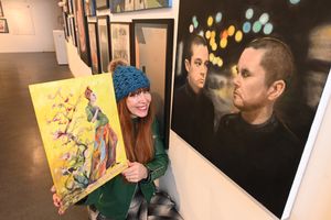 Elizabeth Whitehouse with her paintings at the Walsall Society of Artists 75th annual exhibition at The New Walsall Art Gallery.