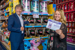 WOW! Stuff president Richard North and managing director, Dawn Lavalette, with two of their products at the Smyths Toy Superstore in Watford.