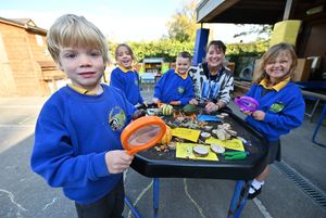 Reception teacher Joanne Henders with (left to right) Henry, Annis, Saiah and Elsie